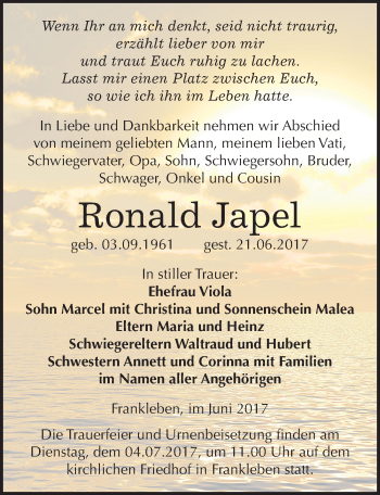 Traueranzeige von Ronald Japel von Mitteldeutsche Zeitung Merseburg/Querfurt