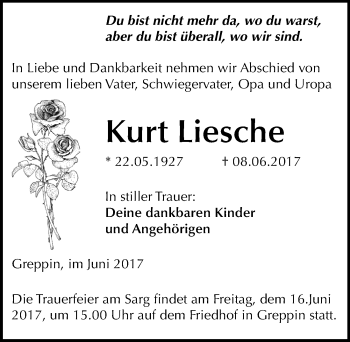 Traueranzeige von Kurt Liesche von Mitteldeutsche Zeitung Bitterfeld