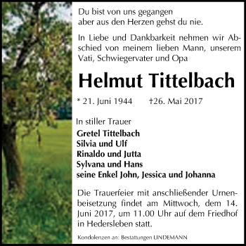 Traueranzeige von Helmut Tittelbach von Super Sonntag Quedlinburg
