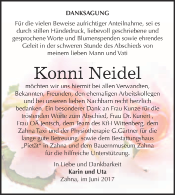 Traueranzeige von Konni Neidel von Super Sonntag Wittenberg