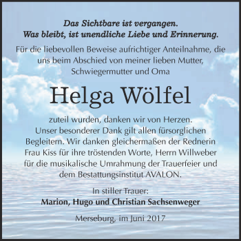 Traueranzeige von Helga Wölfel von WVG - Wochenspiegel Merseburg