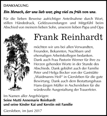 Traueranzeige von Frank Reinhardt von Mitteldeutsche Zeitung Aschersleben