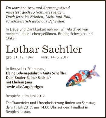 Traueranzeige von Lothar Sachtler von WVG - Wochenspiegel Dessau / Köthen
