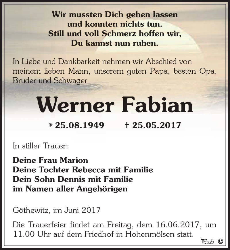  Traueranzeige für Werner Fabian vom 10.06.2017 aus Mitteldeutsche Zeitung Weißenfels