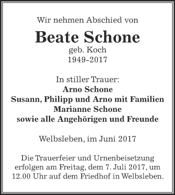 Traueranzeige von Beate Schone von Super Sonntag Aschersleben