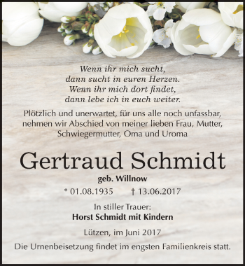 Traueranzeige von Gertraud Schmidt von Mitteldeutsche Zeitung Weißenfels