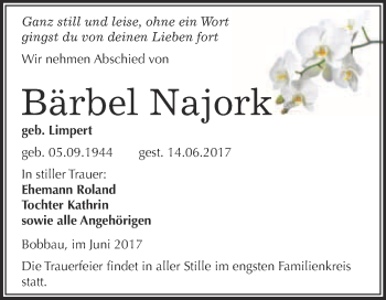Traueranzeige von Bärbel Najork von WVG - Wochenspiegel Bitterfeld