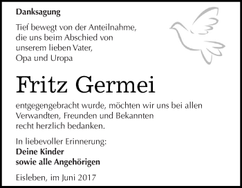 Traueranzeige von Fritz Germei von Wochenspiegel Mansfelder Land