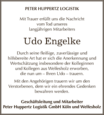 Traueranzeige von Udo Engelke von Wochenspiegel Mansfelder Land