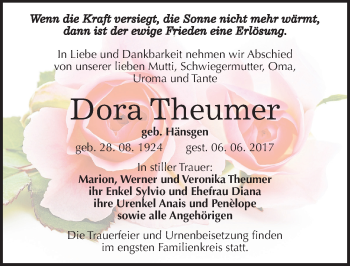 Traueranzeige von Dora Theumer von Mitteldeutsche Zeitung Mansfelder Land