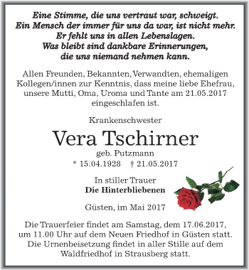 Traueranzeige von Vera Tschirner von Mitteldeutsche Zeitung Bernburg