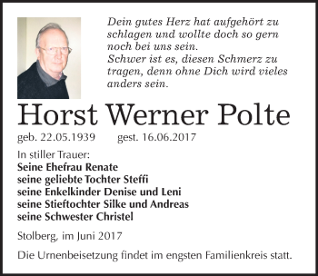 Traueranzeige von Horst Werner Polte von Mitteldeutsche Zeitung Sangerhausen