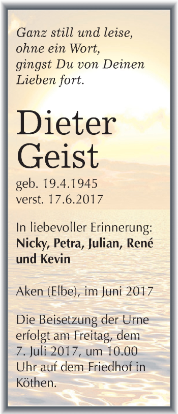 Traueranzeige von Dieter Geist von WVG - Wochenspiegel Dessau / Köthen