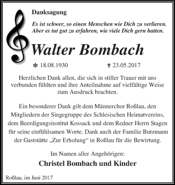 Traueranzeige von Walter Bombach von WVG - Wochenspiegel Dessau / Köthen