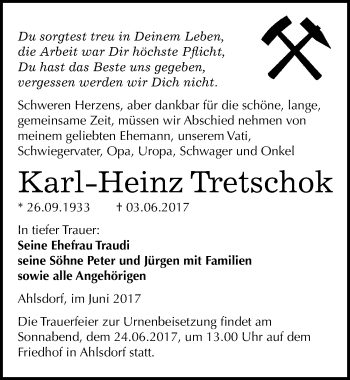 Traueranzeige von Karl Heinz Tretschok von Mitteldeutsche Zeitung Mansfelder Land