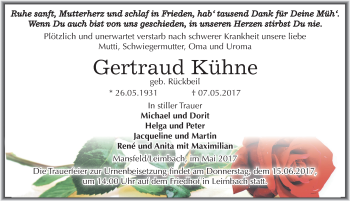 Traueranzeige von Gertraud Kühne von Mitteldeutsche Zeitung Mansfelder Land