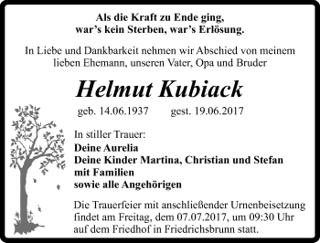 Traueranzeige von Helmut Kubiack von Mitteldeutsche Zeitung Quedlinburg