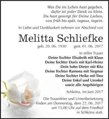Traueranzeige von Melitta Schliefke von Mitteldeutsche Zeitung Wittenberg