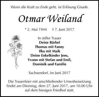 Traueranzeige von Otmar Weiland von Mitteldeutsche Zeitung Bernburg