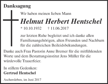 Traueranzeige von Helmut Herbert Hentschel von Super Sonntag Aschersleben