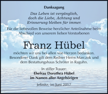 Traueranzeige von Franz Hübel von Mitteldeutsche Zeitung Bitterfeld