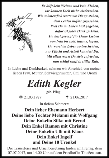 Traueranzeige von Edith Kegler von WVG - Wochenspiegel Dessau / Köthen