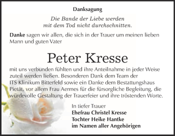 Traueranzeige von Peter Kresse von WVG - Wochenspiegel Bitterfeld