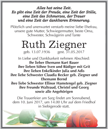 Traueranzeige von Ruth Ziegner von Mitteldeutsche Zeitung Mansfelder Land