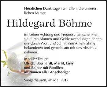 Traueranzeige von Hildegard Böhme von Mitteldeutsche Zeitung Sangerhausen