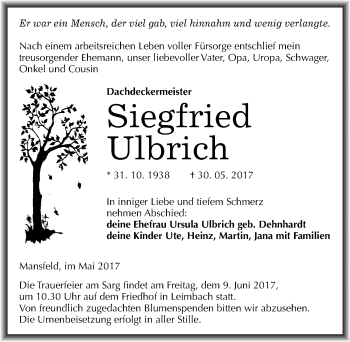 Traueranzeige von Siegfried Ulbrich von Mitteldeutsche Zeitung Mansfelder Land