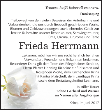 Traueranzeige von Frieda Herrmann von Mitteldeutsche Zeitung Bitterfeld