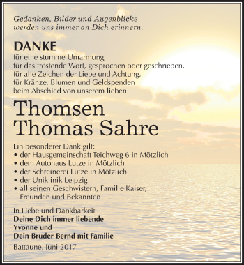 Traueranzeige von Thomas Sahre von Mitteldeutsche Zeitung Halle/Saalkreis