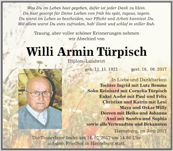 Traueranzeige von Willi Armin Türpisch von Super Sonntag Zeitz