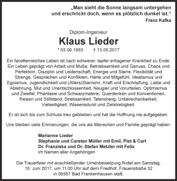 Traueranzeige von Klaus Lieder von Super Sonntag SGH Mansf. Land