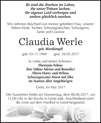 Traueranzeige von Claudia Werle von WVG - Wochenspiegel Merseburg