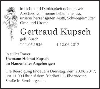 Traueranzeige von Gertraud Kupsch von Super Sonntag Bernburg