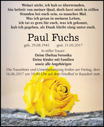 Traueranzeige von Paul Fuchs von WVG - Wochenspiegel Dessau / Köthen