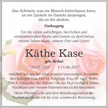 Traueranzeige von Käthe Kase von WVG - Wochenspiegel Wittenberg