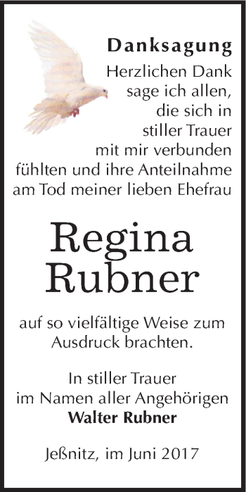 Traueranzeige von Regina Rubner von Mitteldeutsche Zeitung Bitterfeld
