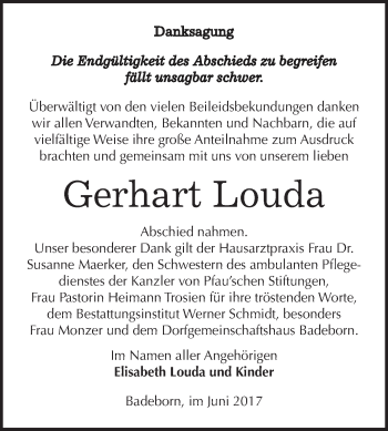 Traueranzeige von Gerhart Louda von WVG - Wochenspiegel Quedlinburg
