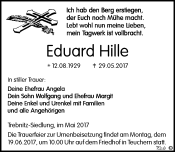 Traueranzeige von Eduard Hille von Mitteldeutsche Zeitung Weißenfels