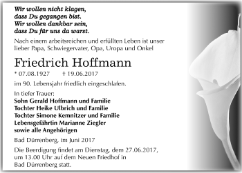Traueranzeige von Friedrich Hoffmann von Mitteldeutsche Zeitung Merseburg/Querfurt