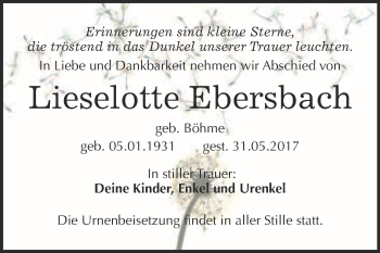 Traueranzeige von Lieselotte Ebersbach von WVG - Wochenspiegel Bitterfeld