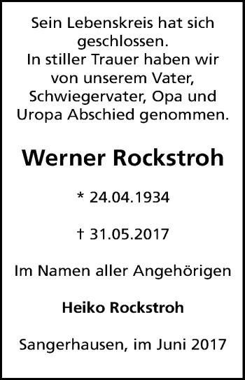 Traueranzeige von Werner Rockstroh von Mitteldeutsche Zeitung Sangerhausen