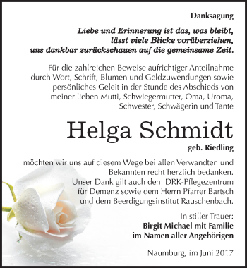 Traueranzeige von Helga Schmidt von Mitteldeutsche Zeitung Naumburg/Nebra