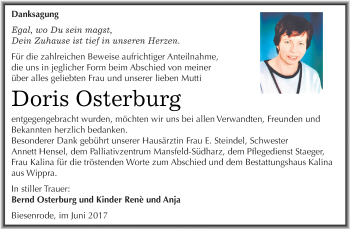 Traueranzeige von Doris Osterburg von Super Sonntag SGH Mansf. Land