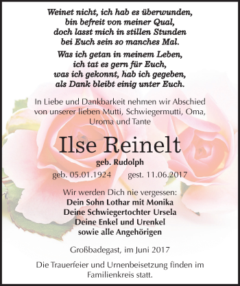 Traueranzeige von Ilse Reinelt von Mitteldeutsche Zeitung Köthen
