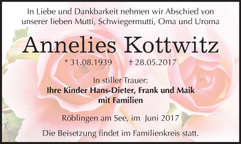 Traueranzeige von Annelies Kottwitz von Mitteldeutsche Zeitung Mansfelder Land