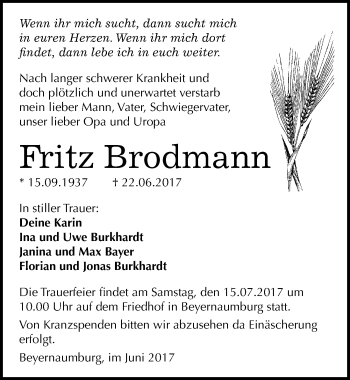 Traueranzeige von Fritz Brodmann von Mitteldeutsche Zeitung Sangerhausen