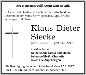 Traueranzeige von Klaus-Dieter Siecke von Mitteldeutsche Zeitung Merseburg/Querfurt